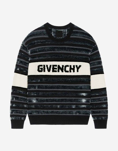 Givenchy Black Stripe Logo Sweater. Black / grey GIVENCHY sweater in wool with stripes Long-sleeved sweater in lambswool with stripes