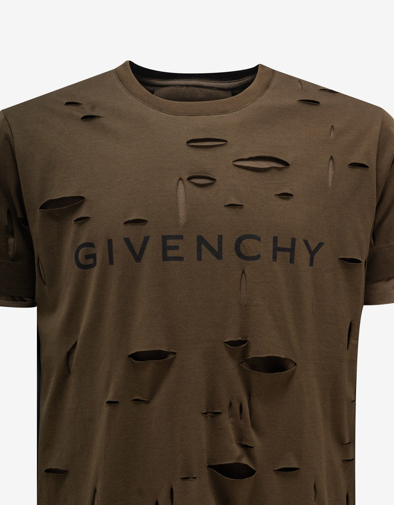 Givenchy Khaki Archetype Logo Destroyed T-Shirt