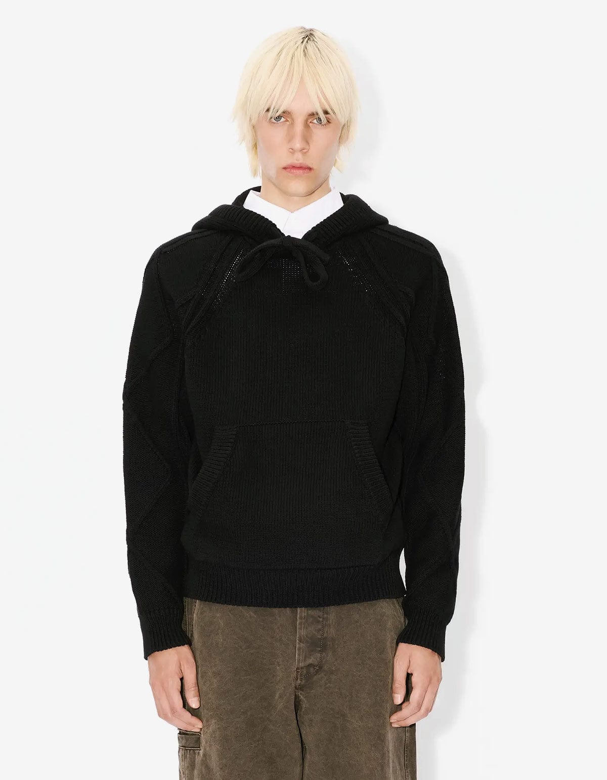 Kenzo Black Hand-Embroidered Cable Knitted Hoodie – mens designer