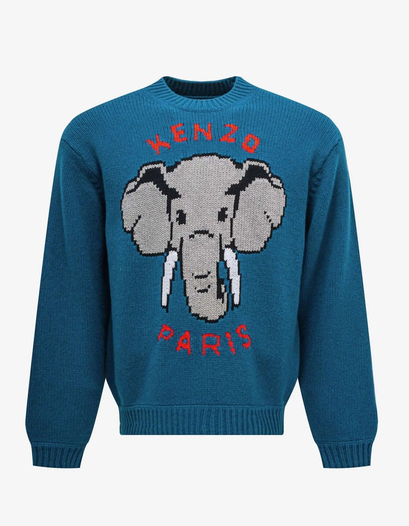 Kenzo Blue Kenzo Elephant Wool Sweater Zoo Fashions