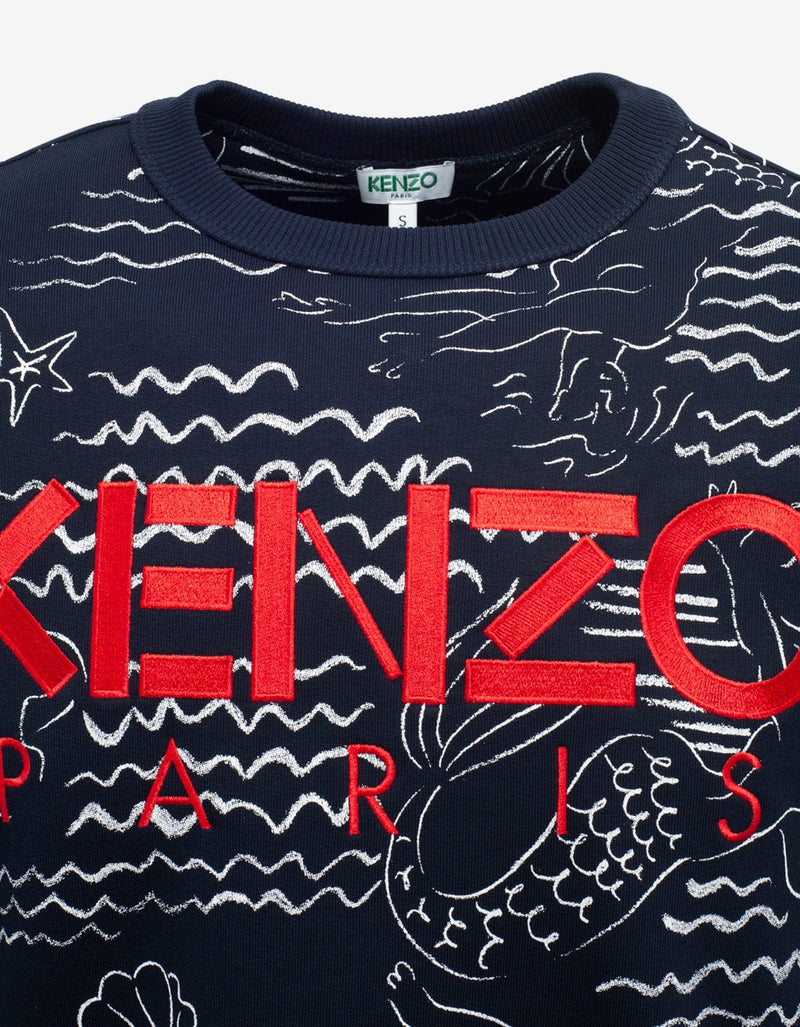 Kenzo Navy Blue Mermaids Print Logo Sweatshirt