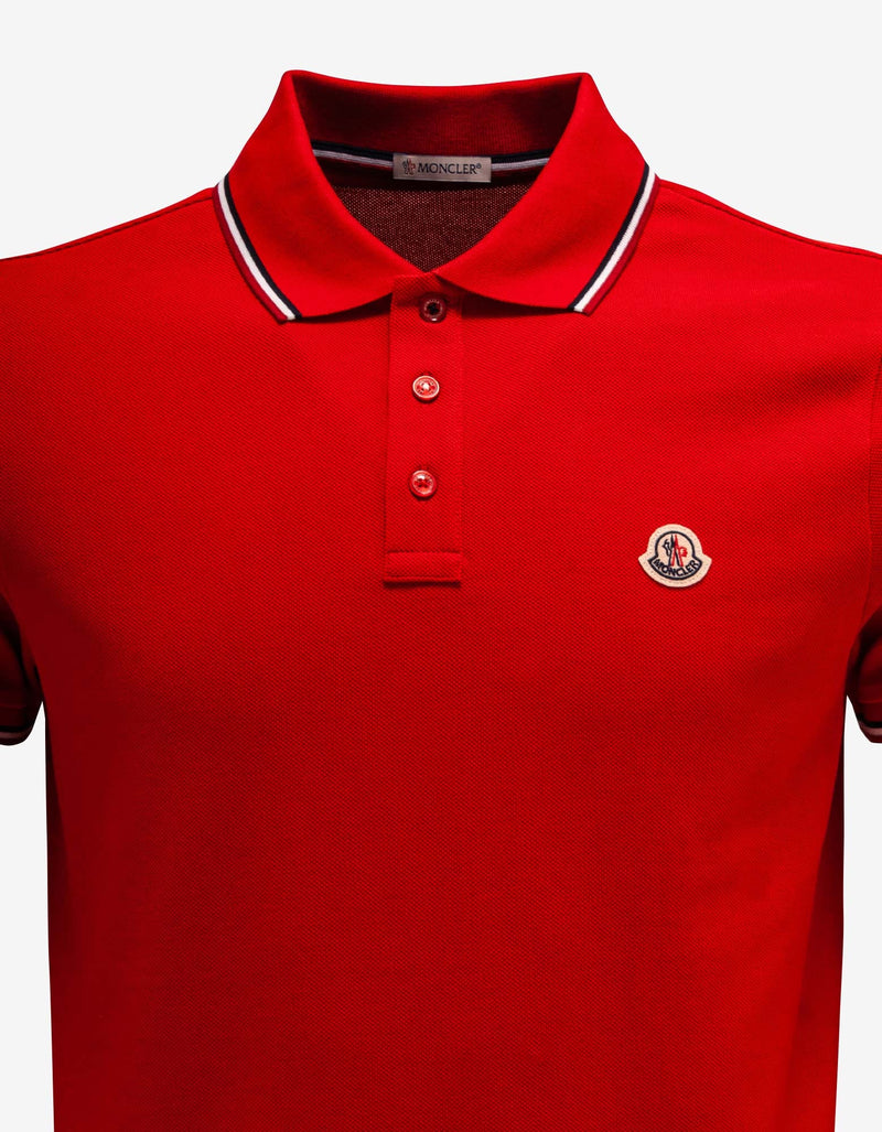 Moncler Red Tricolour Trim Polo T-Shirt
