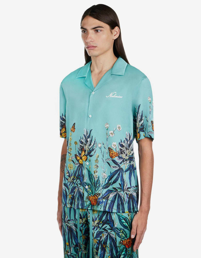 Nahmias Blue Botanical Silk Short Sleeve Shirt