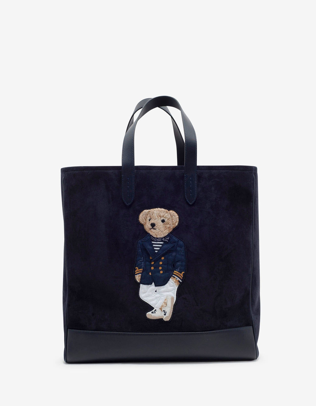 Navy Blue Bear Embroidery Suede Tote Bag