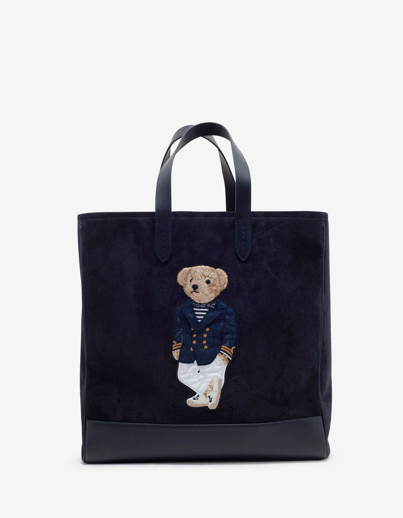 Navy Blue Bear Embroidery Suede Tote Bag