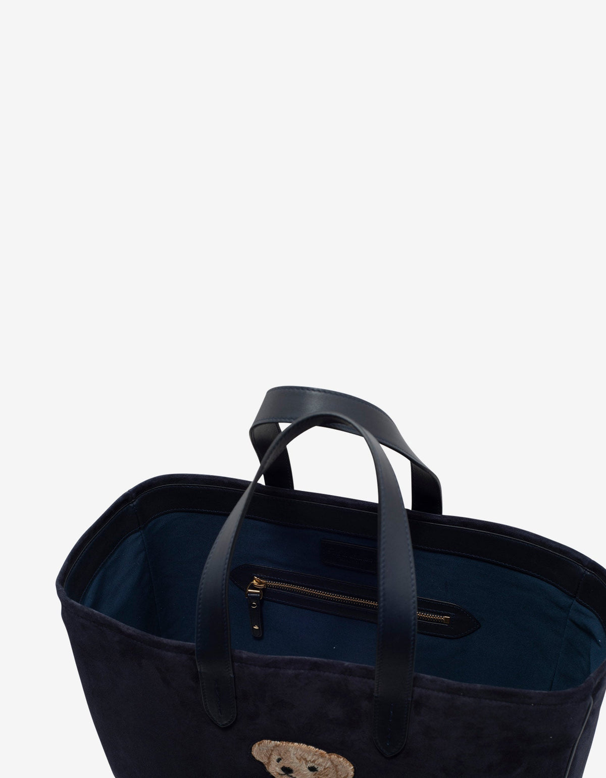 Navy Blue Bear Embroidery Suede Tote Bag
