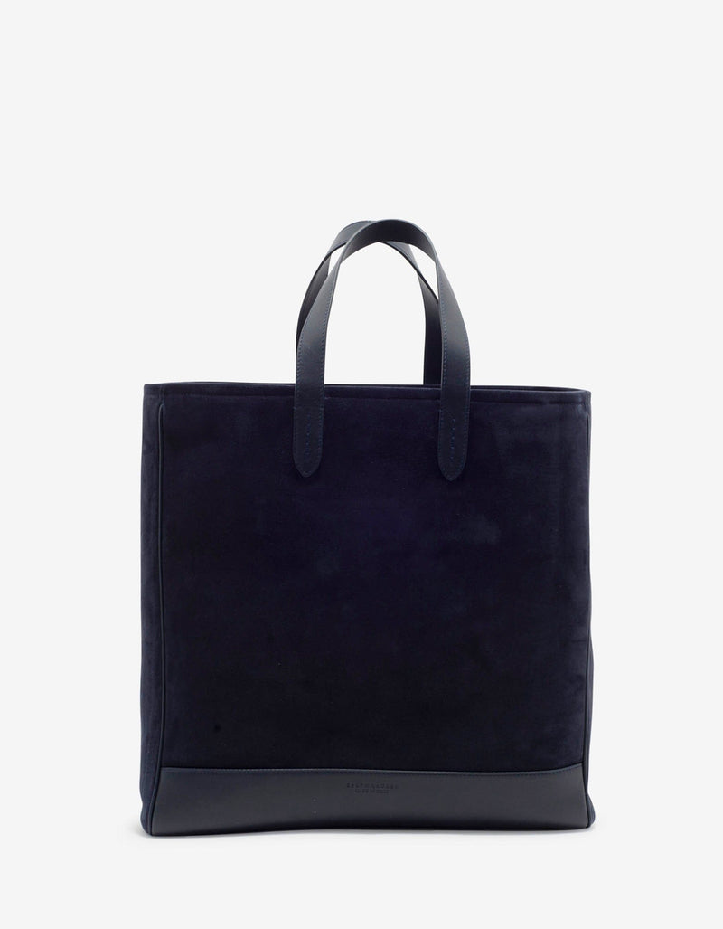 Navy Blue Bear Embroidery Suede Tote Bag