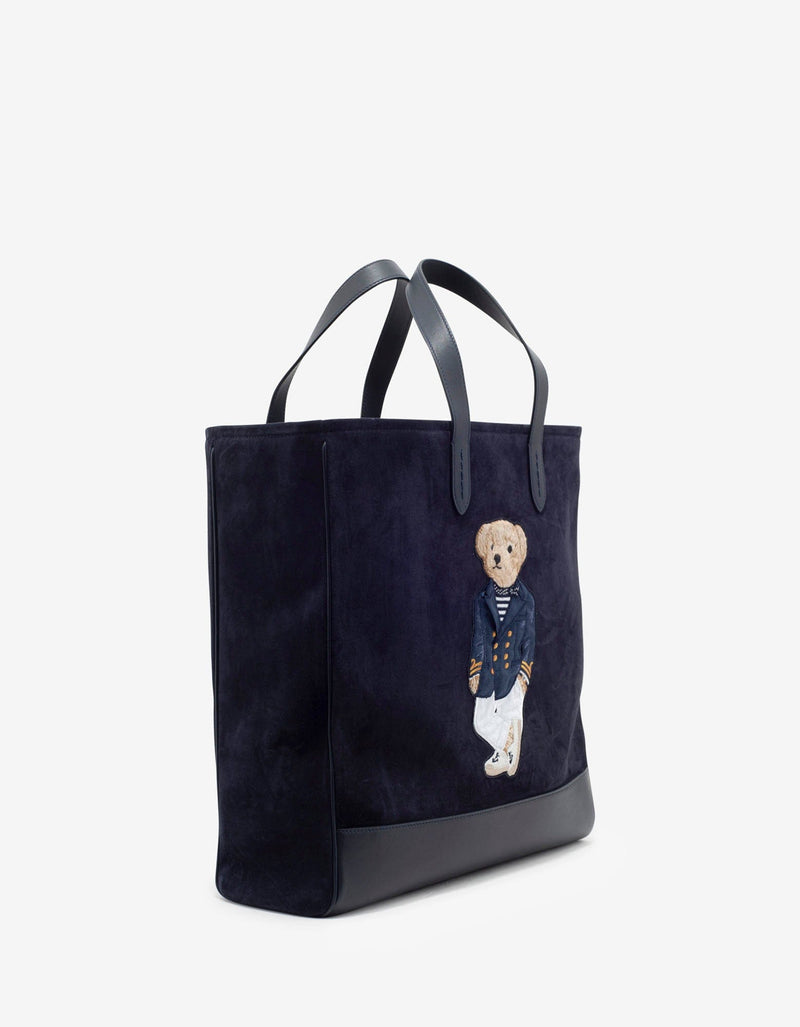 Navy Blue Bear Embroidery Suede Tote Bag