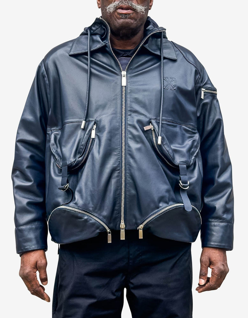 Off-White Navy Blue Arrow Multi Pocket Zip Leather Jacket