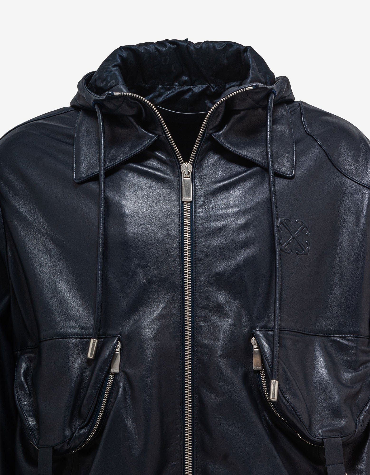 Off-White Navy Blue Arrow Multi Pocket Zip Leather Jacket – mens
