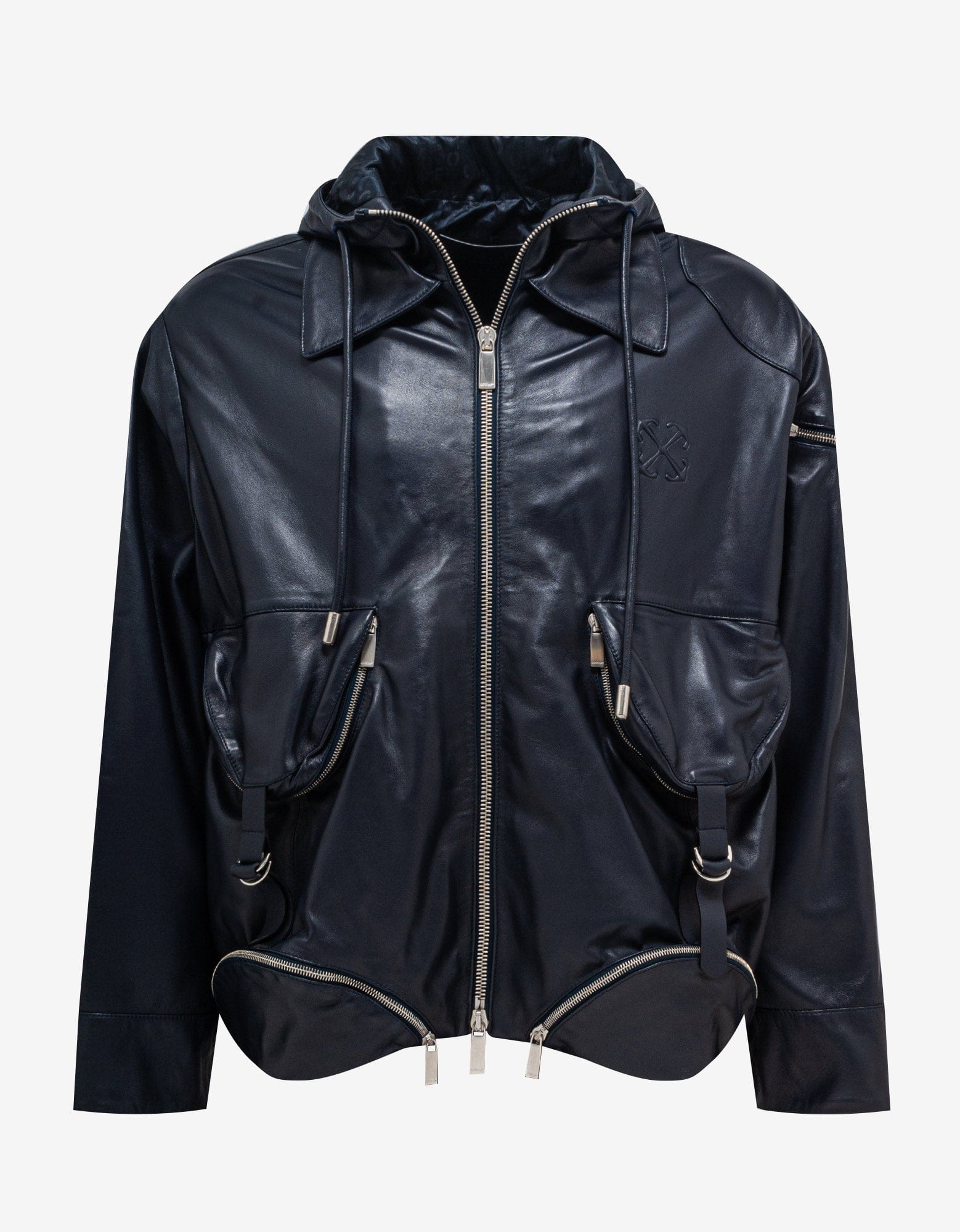Navy Blue Arrow Multi Pocket Zip Leather Jacket