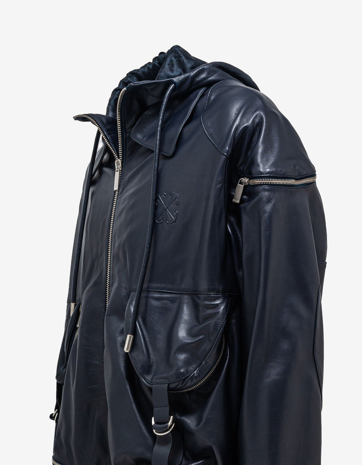 Off-White Navy Blue Arrow Multi Pocket Zip Leather Jacket – Zoo