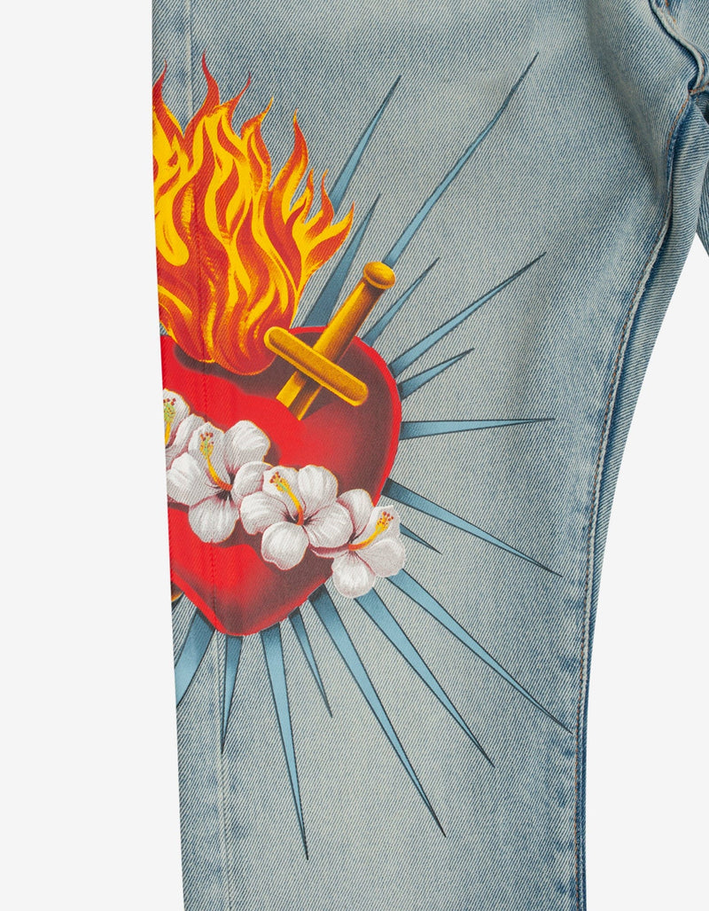Palm Angels Blue Sacred Heart Print Straight-Leg Jeans