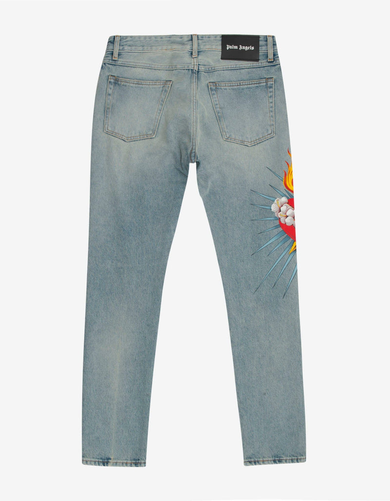 Palm Angels Blue Sacred Heart Print Straight-Leg Jeans