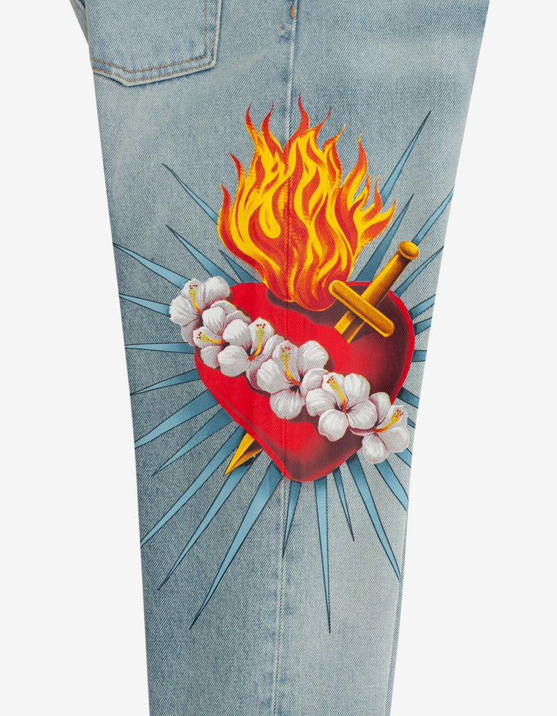 Palm Angels Blue Sacred Heart Print Straight-Leg Jeans