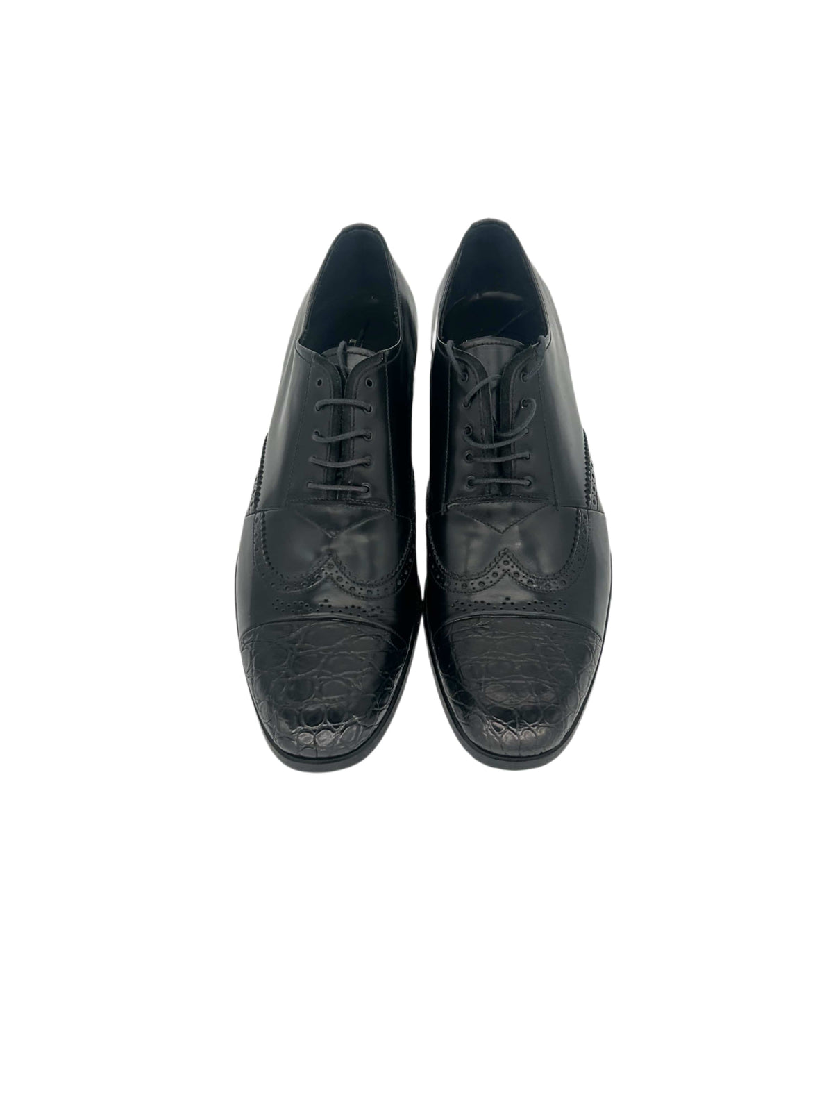 Prada Black Hand Stitched Spazzalato leather Alligator Toe Shoe