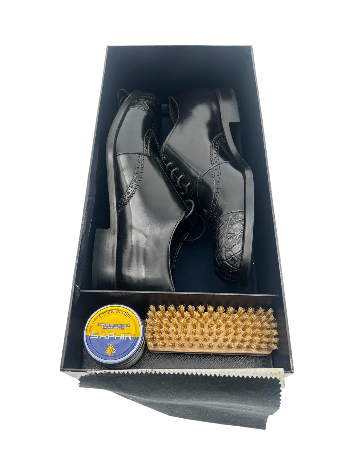 Prada Black Hand Stitched Spazzalato leather Alligator Toe Shoe