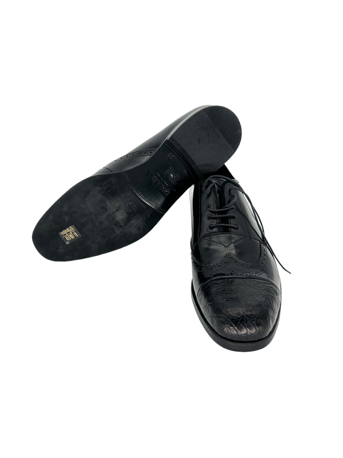Prada Black Hand Stitched Spazzalato leather Alligator Toe Shoe
