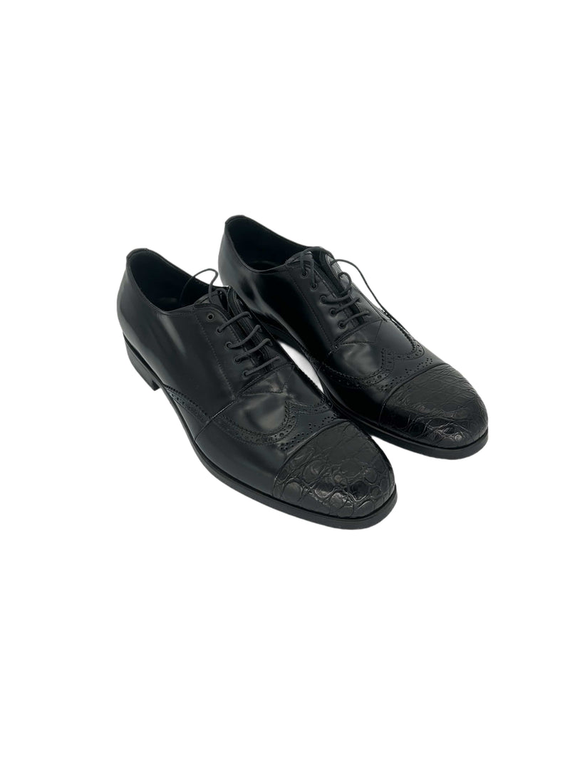 Prada Black Hand Stitched Spazzalato leather Alligator Toe Shoe