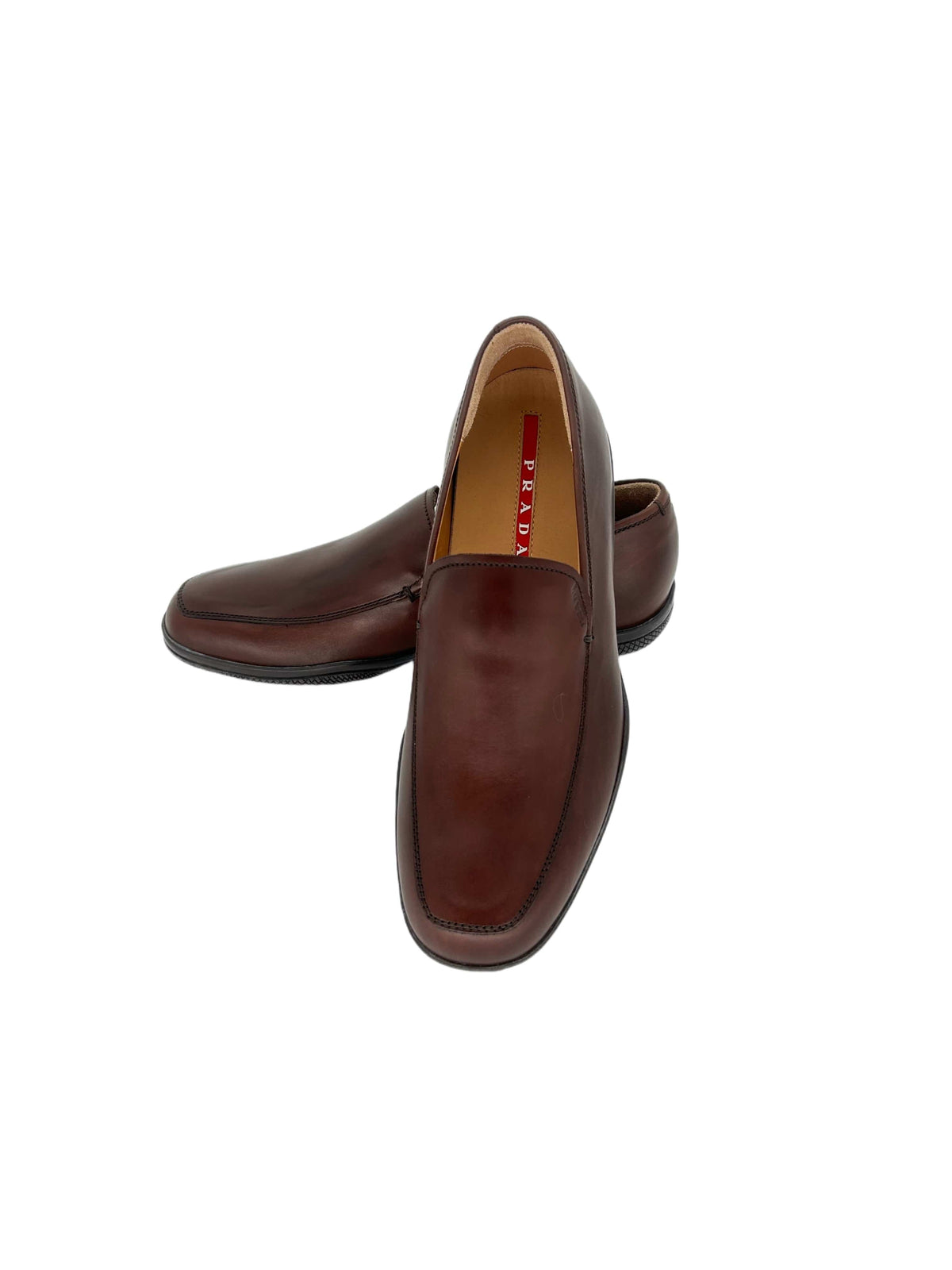 Prada Linea Rossa Brown Leather Loafers With Red Strip