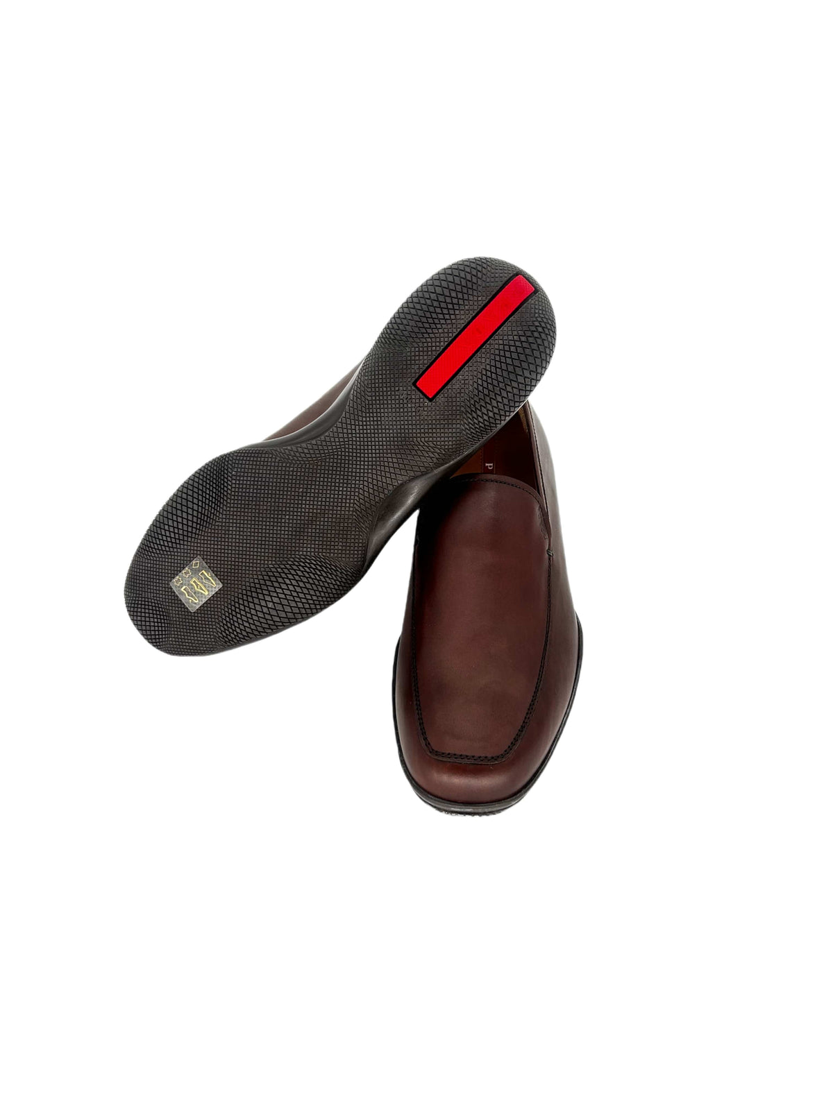 Prada Linea Rossa Brown Leather Loafers With Red Strip