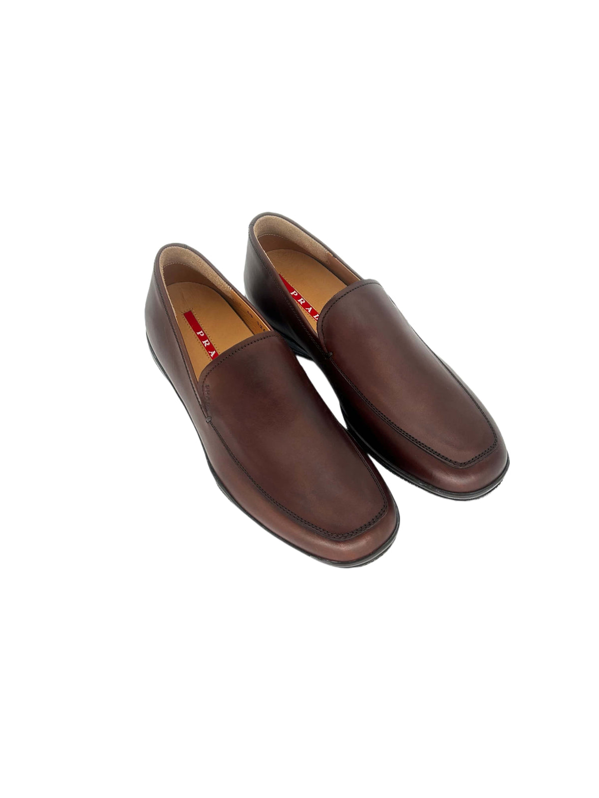 Prada Linea Rossa Brown Leather Loafers With Red Strip
