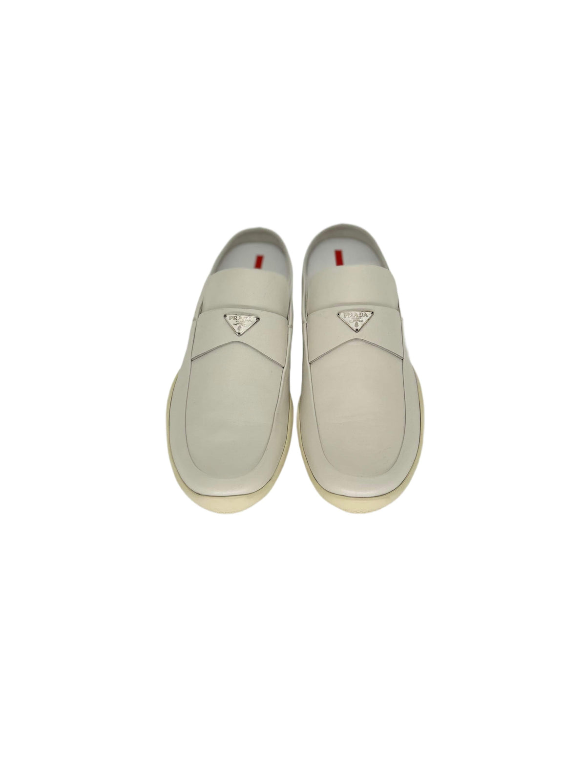 Prada Linea Rossa White Mules With Metal Logo
