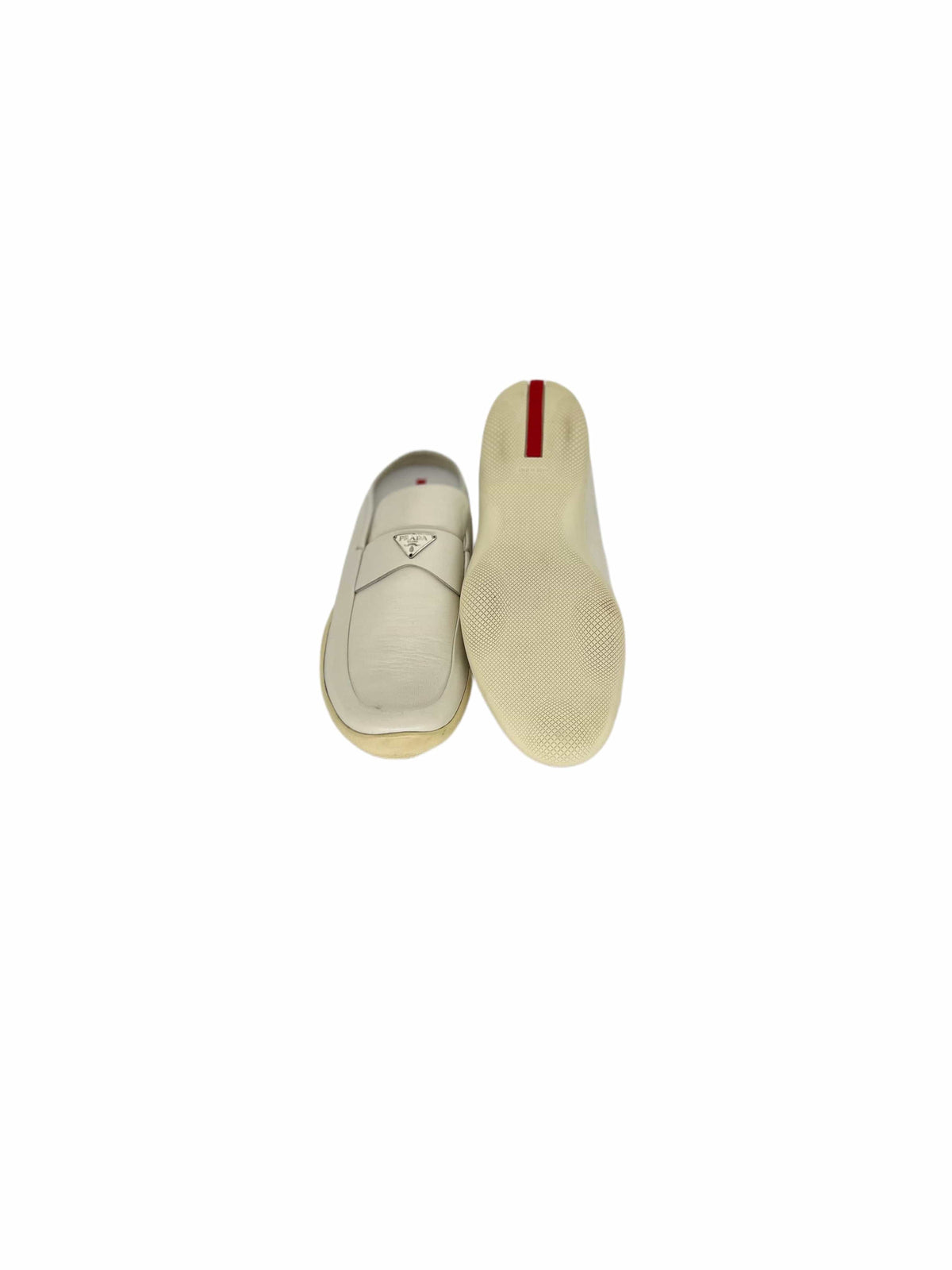 Prada Linea Rossa White Mules With Metal Logo