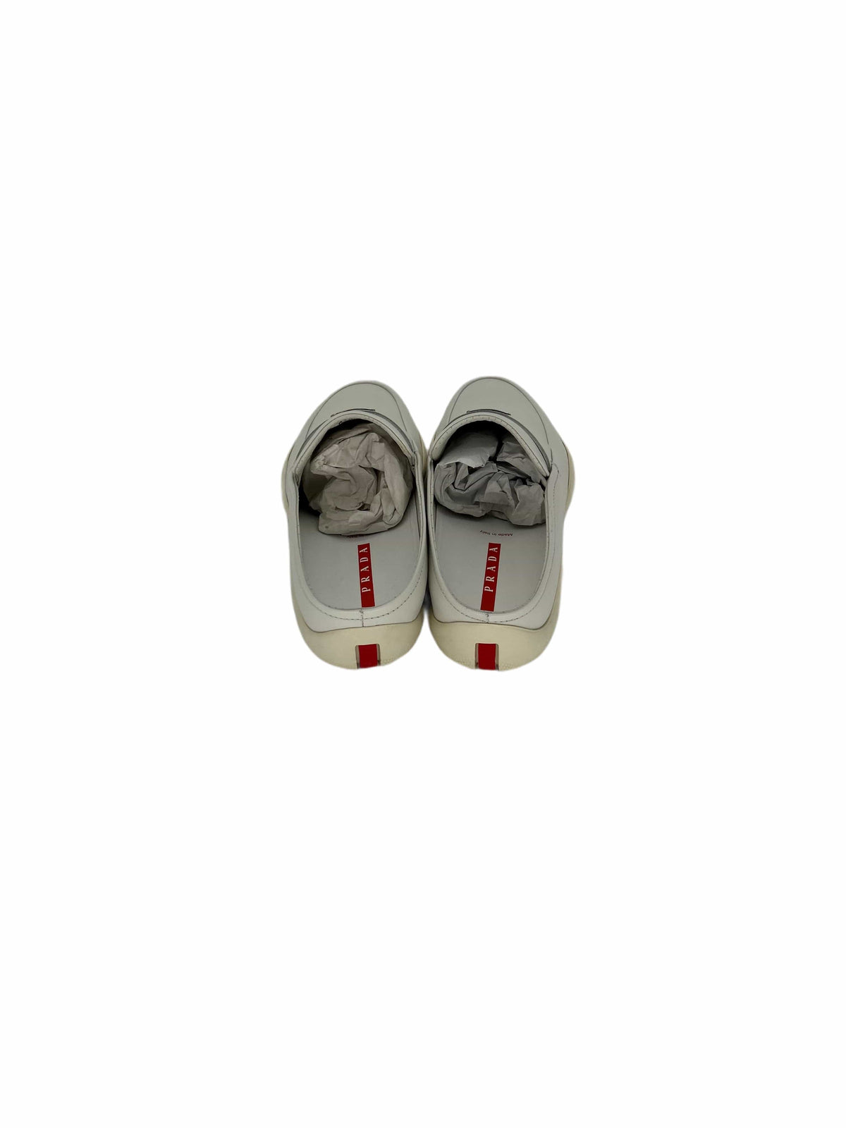 Prada Linea Rossa White Mules With Metal Logo