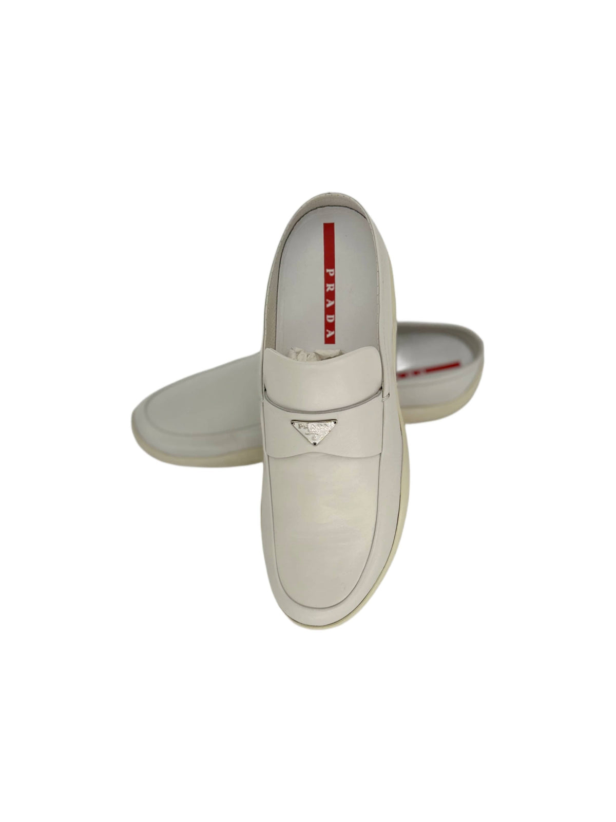 Prada Linea Rossa White Mules With Metal Logo
