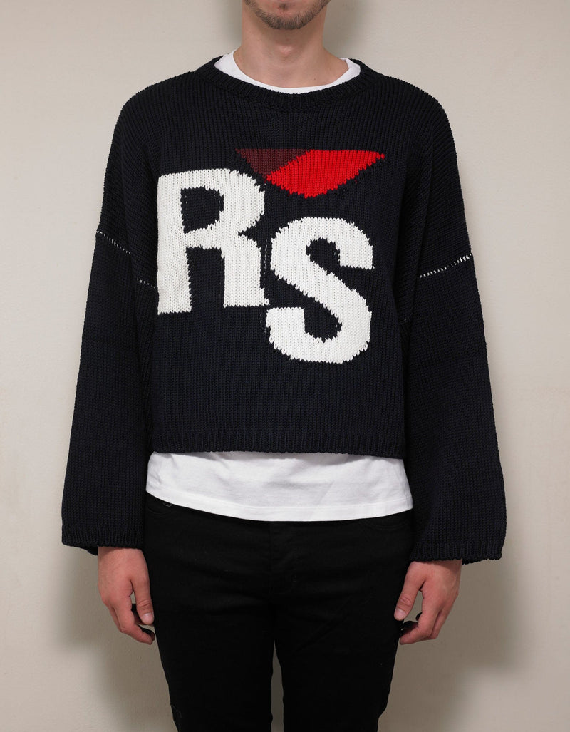 Raf Simons Navy Blue RS Logo Cropped Oversized Sweater
