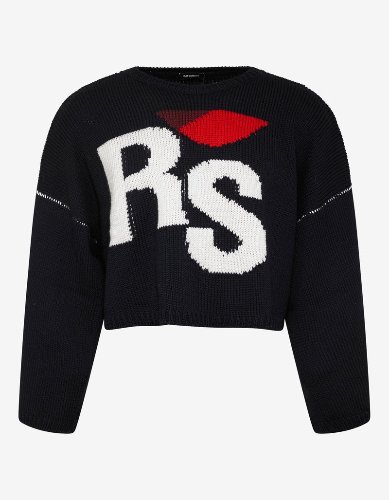 Raf Simons Navy Blue RS Logo Cropped Oversized Sweater