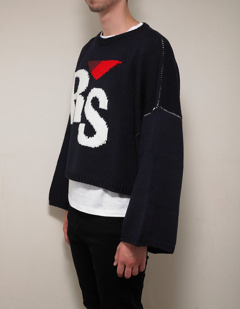 Raf Simons Navy Blue RS Logo Cropped Oversized Sweater