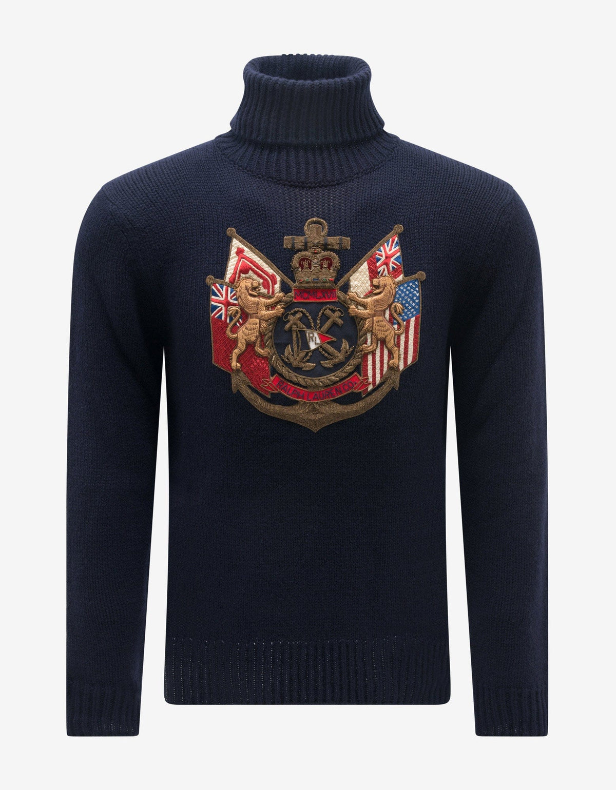Ralph Lauren Purple Label Navy Blue Embroidered Emblem Turtleneck Sweater