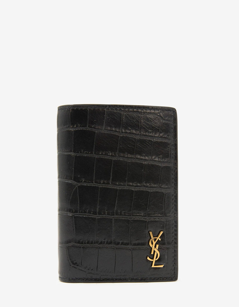 Saint Laurent Black Crocodile Embossed Monogram Card Wallet
