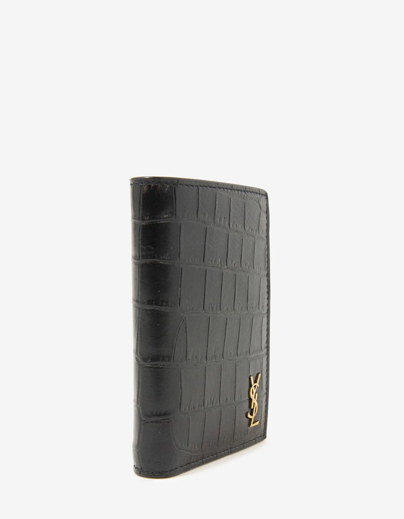 Saint Laurent Black Crocodile Embossed Monogram Card Wallet