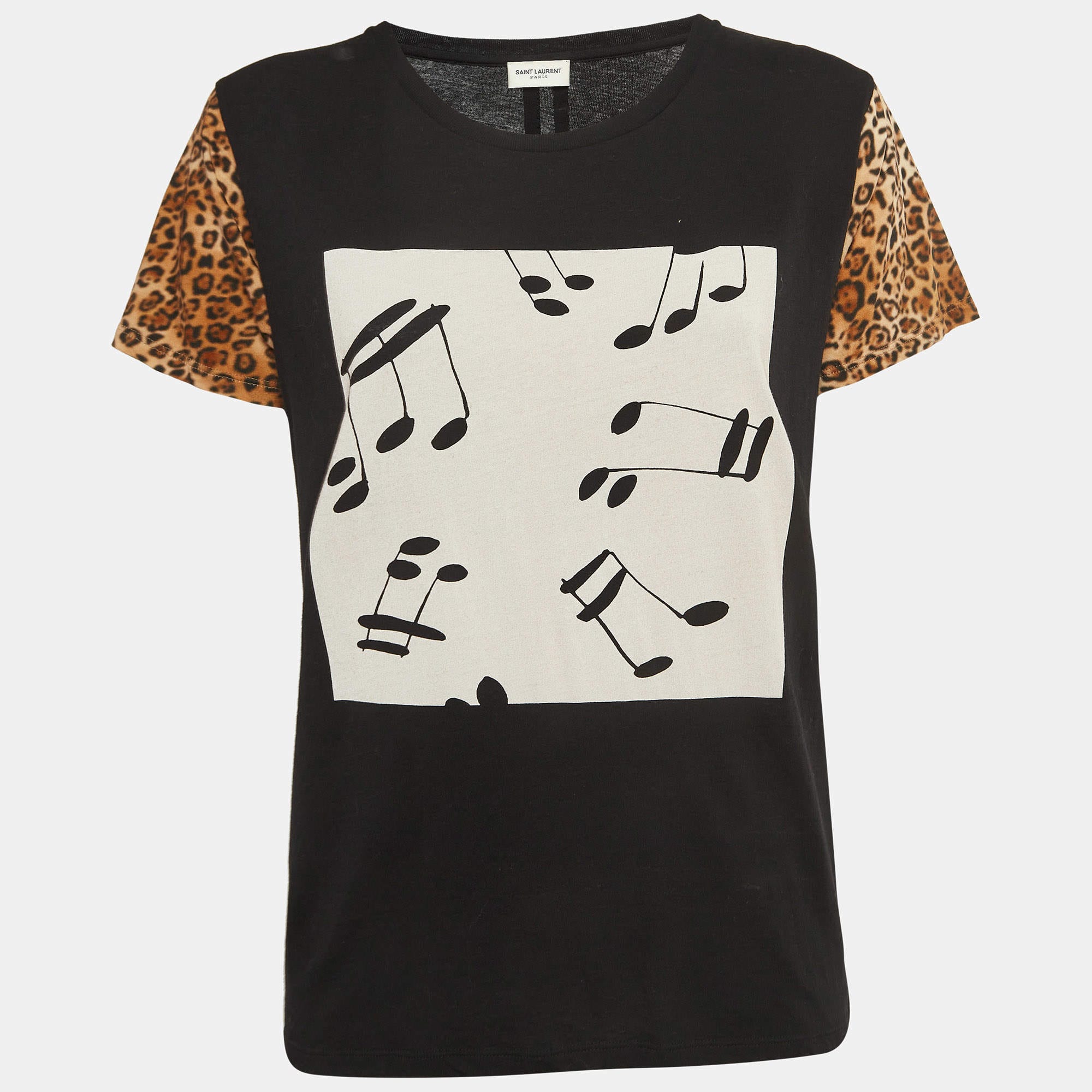 Saint Laurent Black Leopard Sleeve Graphic T-Shirt | Music Print