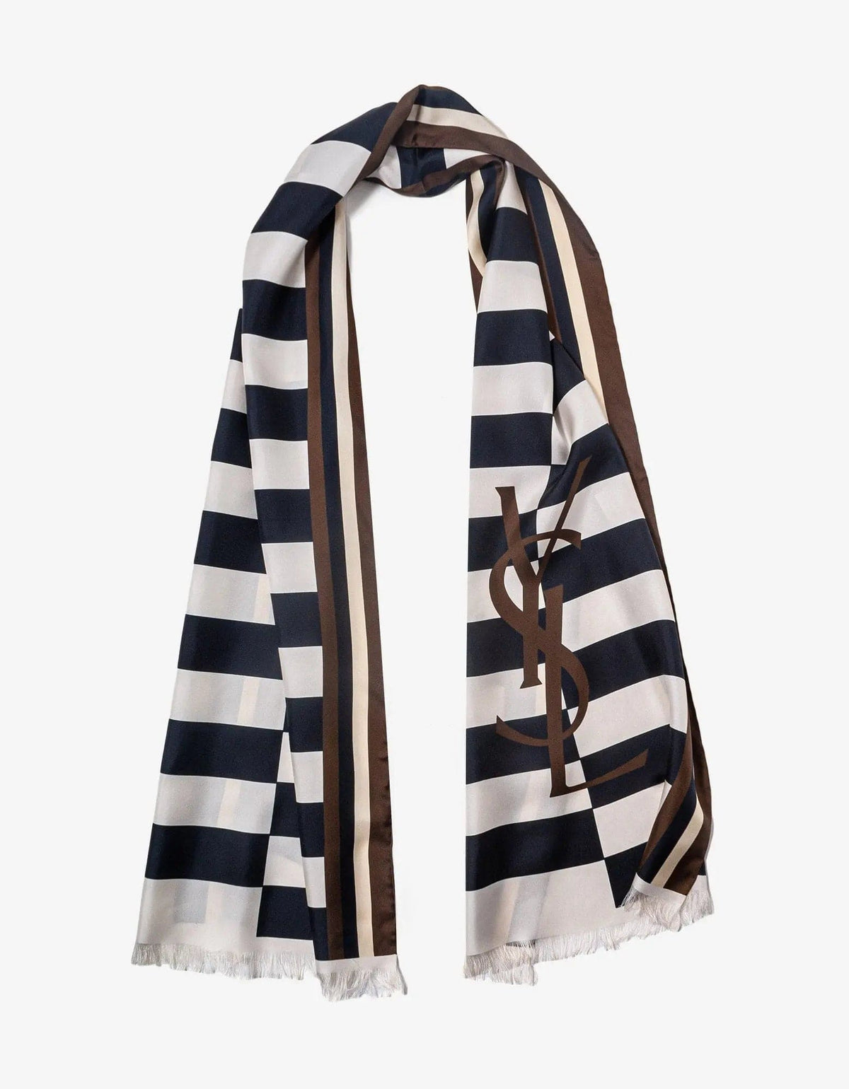 Saint Laurent Brown Logo Stripe Silk Scarf Zoo Fashions