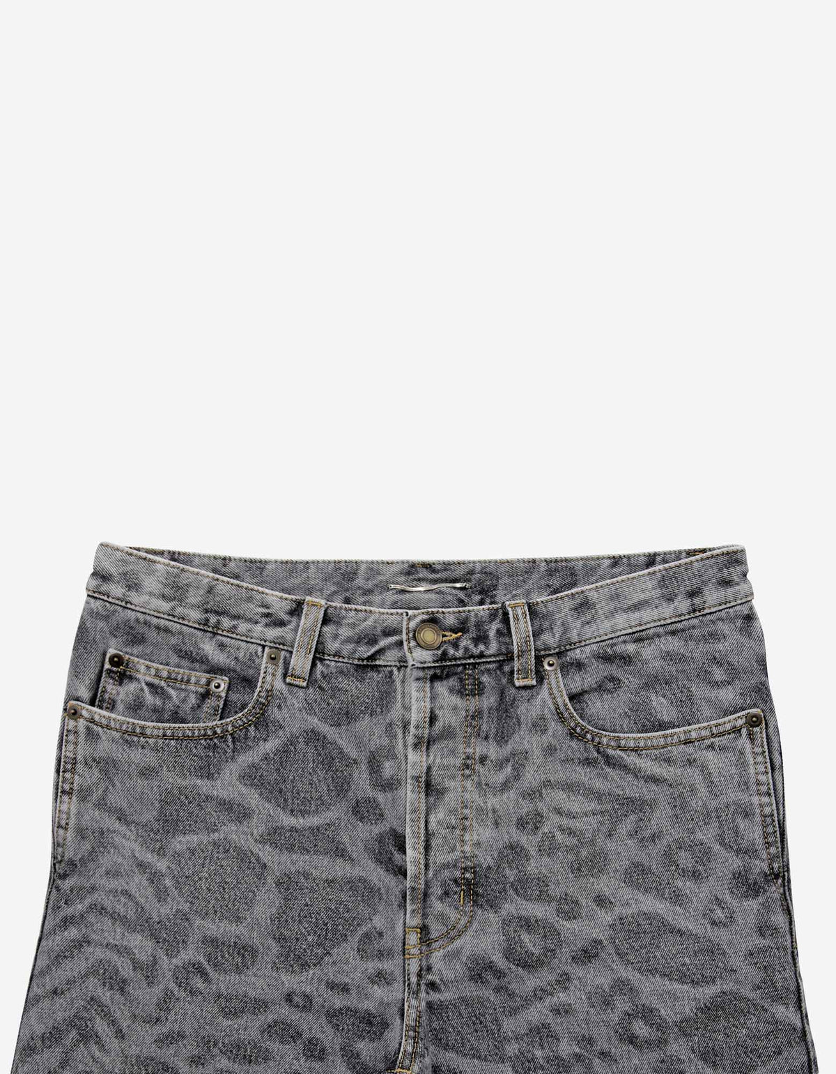 Saint Laurent Grey Leopard Print Denim Shorts