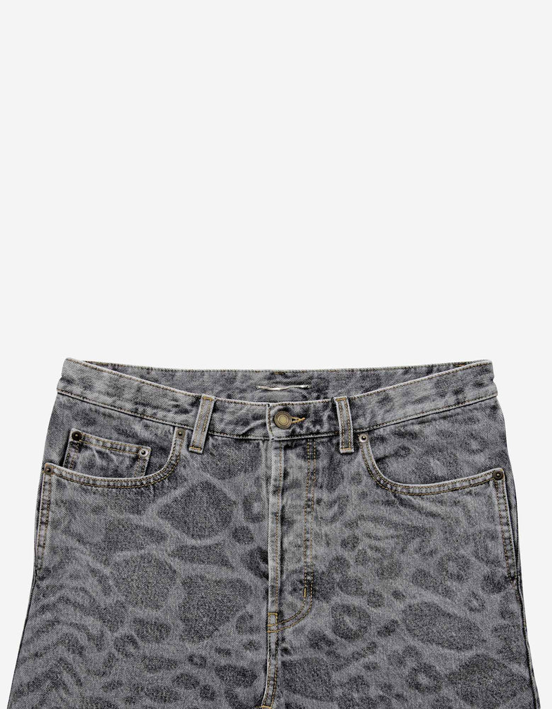 Saint Laurent Grey Leopard Print Denim Shorts