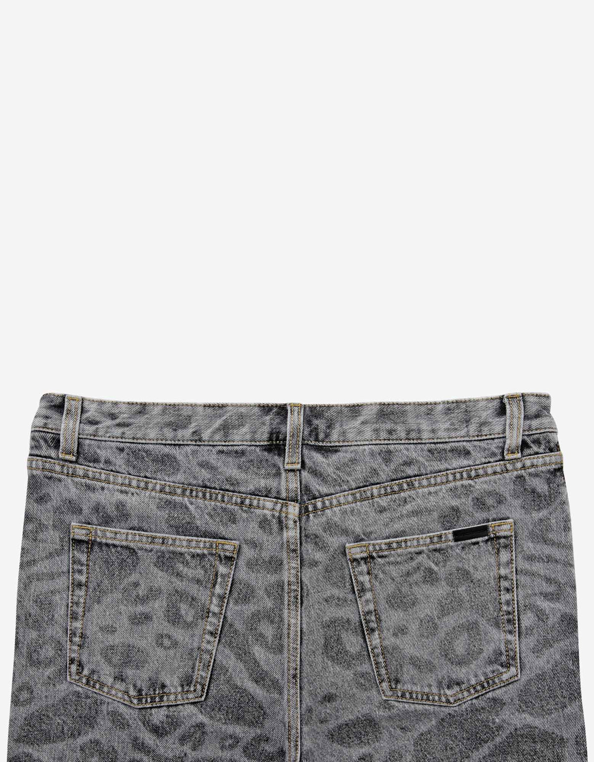 Saint Laurent Grey Leopard Print Denim Shorts