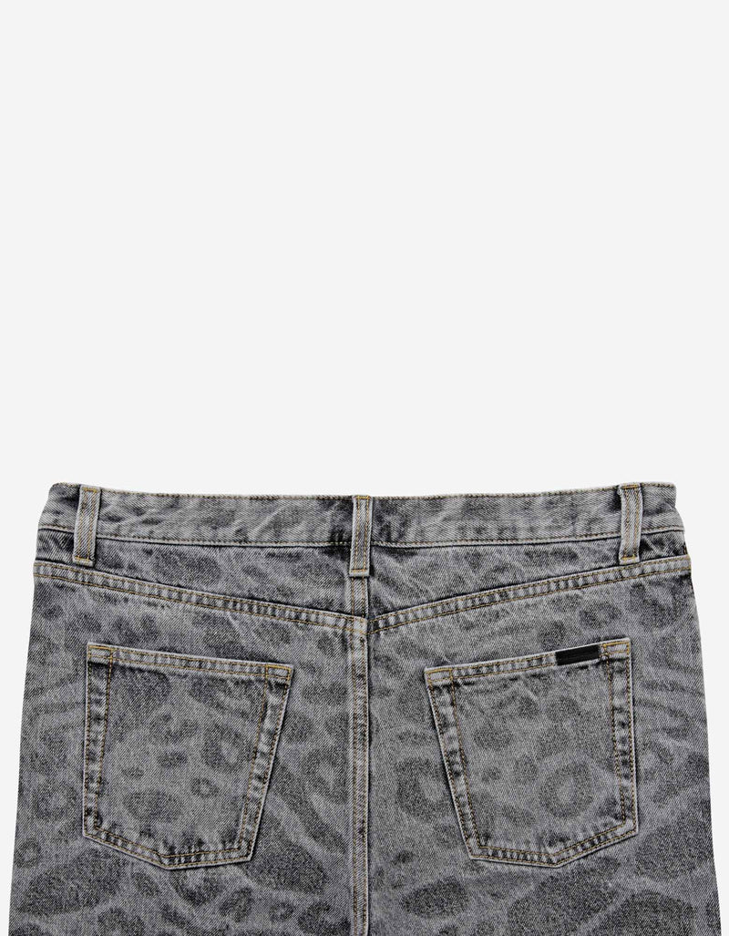Saint Laurent Grey Leopard Print Denim Shorts