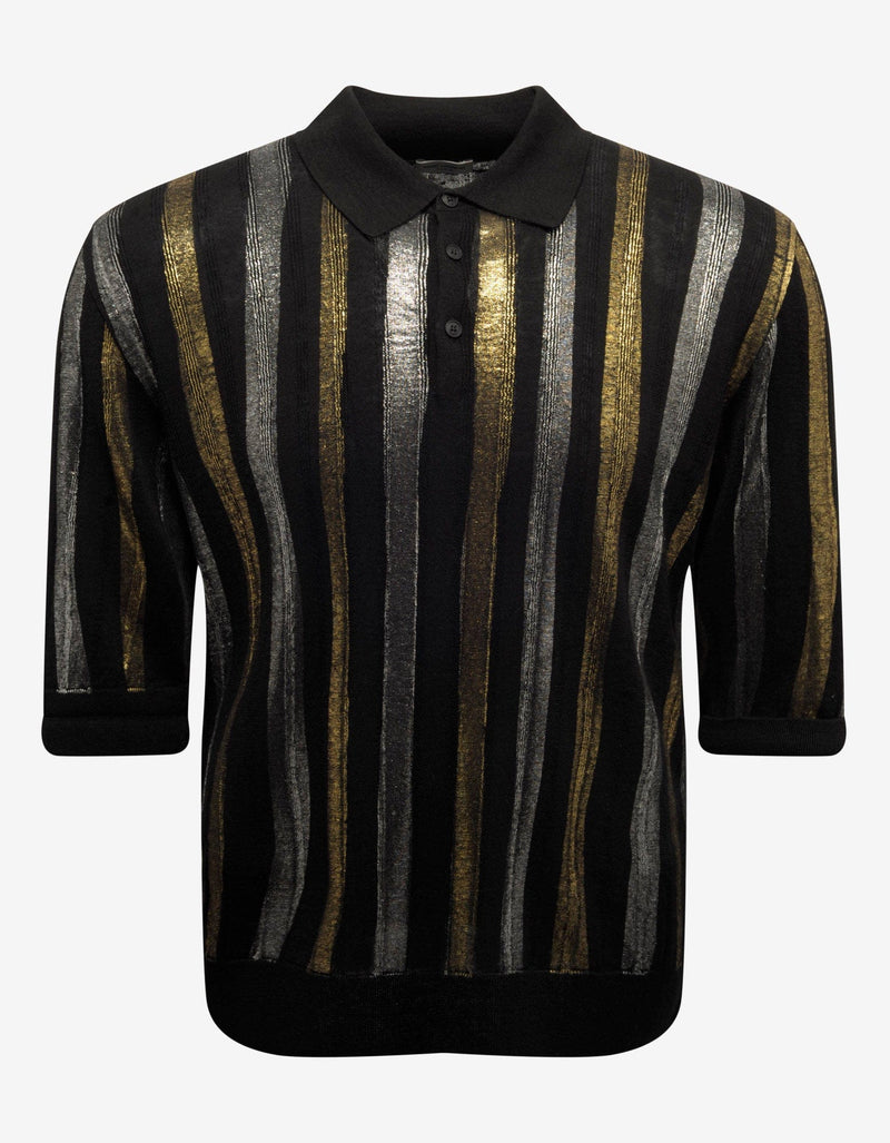 Saint Laurent Metallic Stripe Linen-Blend Polo T-Shirt