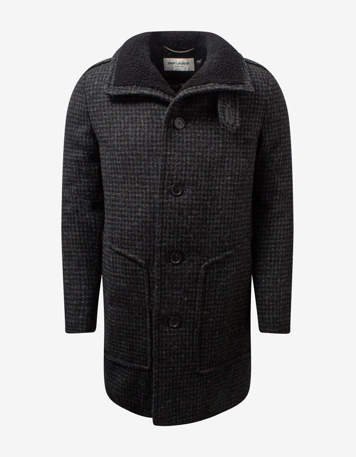 Saint Laurent Shearling Collar Houndstooth Check Coat