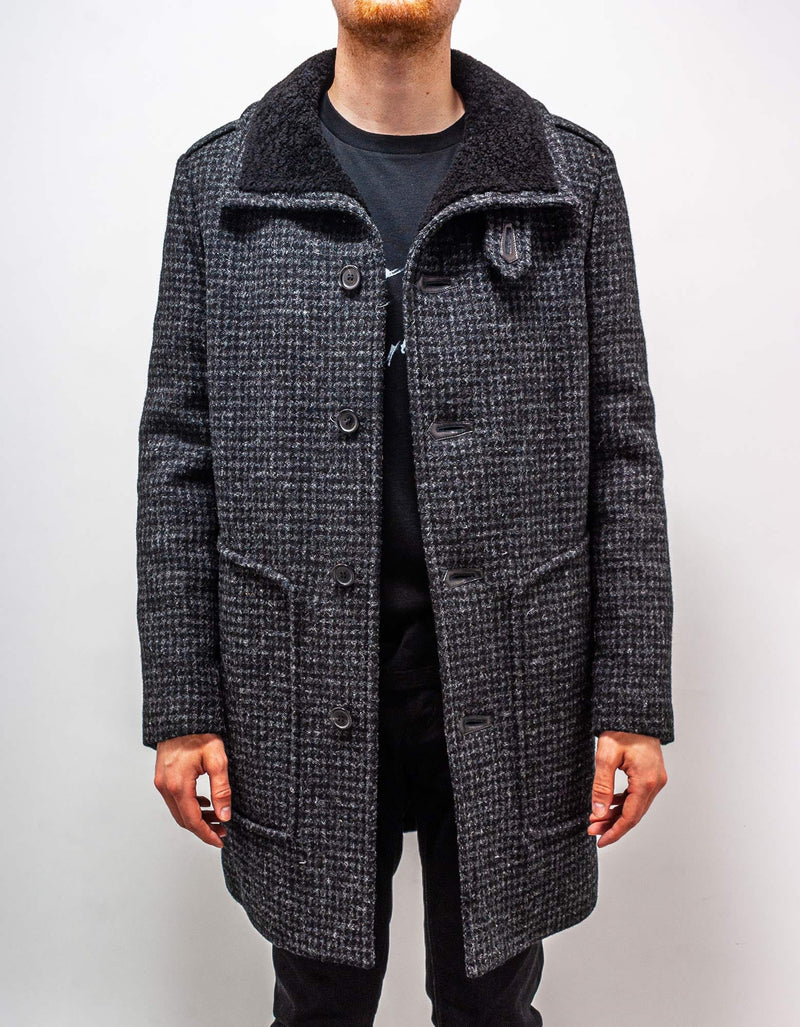 Saint Laurent Shearling Collar Houndstooth Check Coat
