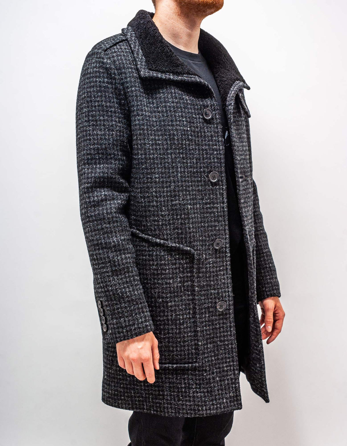 Saint Laurent Shearling Collar Houndstooth Check Coat