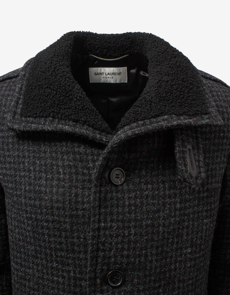 Saint Laurent Shearling Collar Houndstooth Check Coat