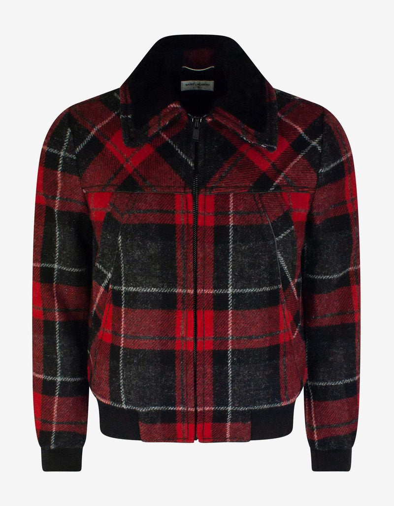 Saint Laurent Tartan Quilted Jacket with Shearling Collar