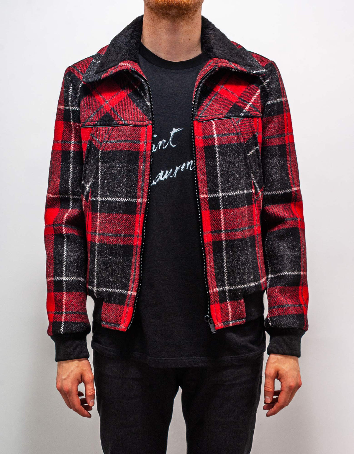 Saint Laurent Tartan Quilted Jacket with Shearling Collar