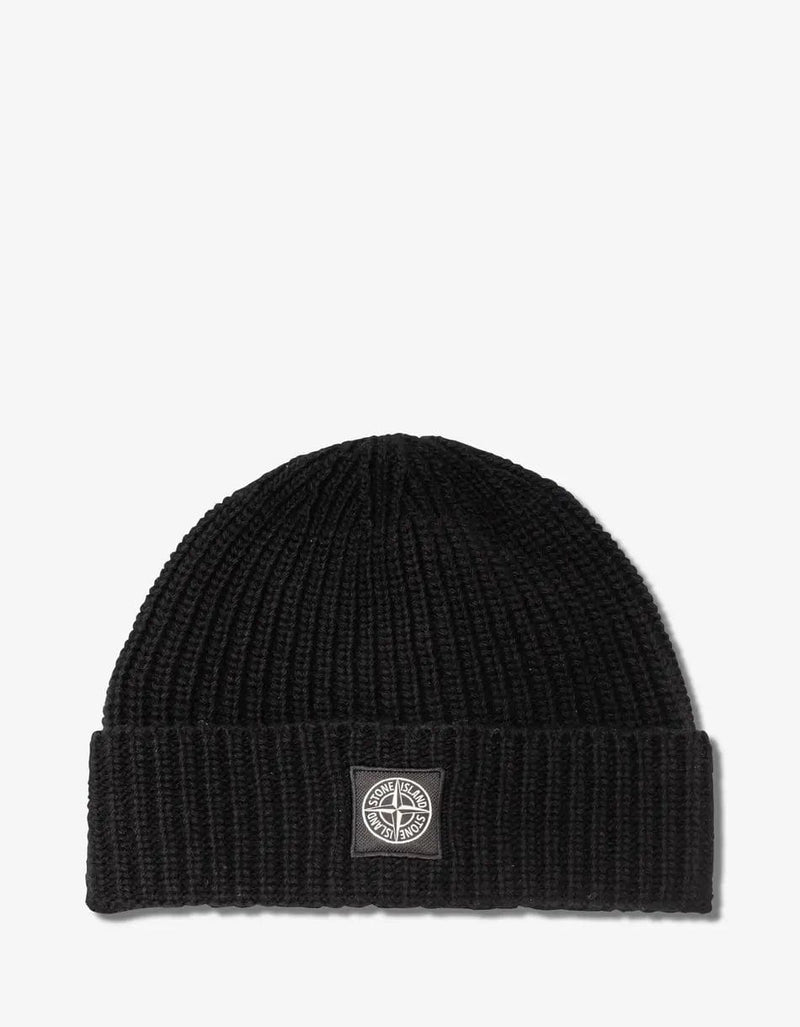 Stone Island Black Logo Patch Wool Beanie Hat Zoo Fashions